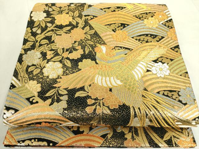 平和屋着物◎六通柄袋帯　鳳凰流水花文　黒地　金銀糸　正絹　逸品　DABF3823op
