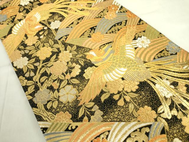 平和屋着物◎六通柄袋帯　鳳凰流水花文　黒地　金銀糸　正絹　逸品　DABF3823op