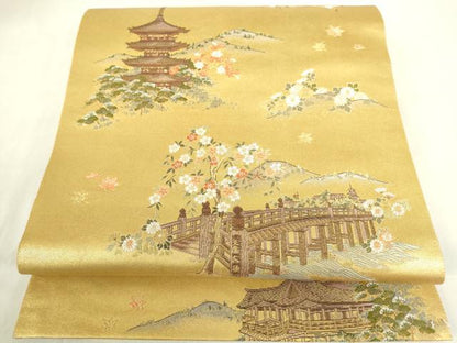 平和屋本店●六通柄袋帯　京百景絵図　金泥箔　本金箔　正絹　逸品　DABF3945op