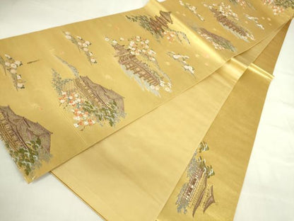 平和屋本店●六通柄袋帯　京百景絵図　金泥箔　本金箔　正絹　逸品　DABF3945op