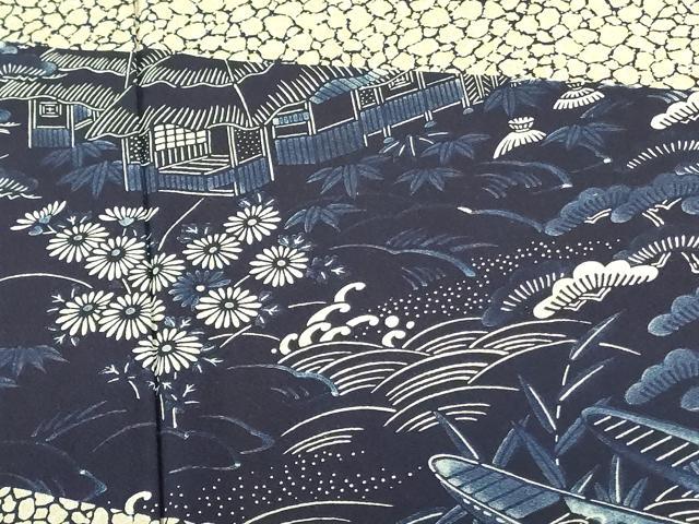 平和屋着物●色留訪問着　藍　風景花舟文　正絹　逸品　DABF3994op