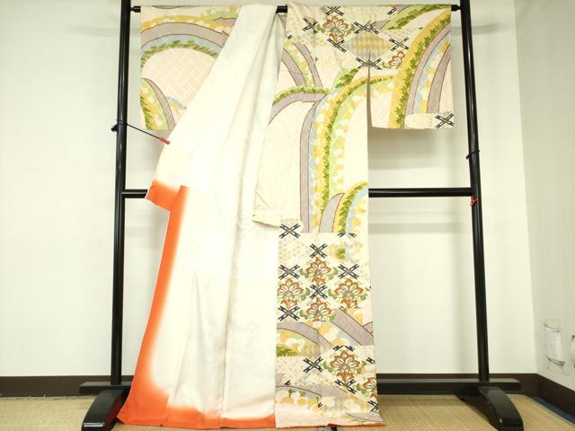 平和屋着物●訪問着　駒刺繍　更紗花菱文　金彩　ロング丈　正絹　逸品　DABF3995op
