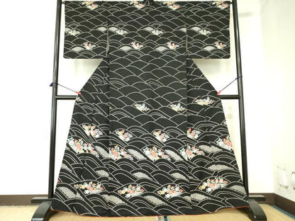 平和屋着物●訪問着　絞り　流水花文　黒地　正絹　逸品　DABF3998op