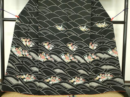 平和屋着物●訪問着　絞り　流水花文　黒地　正絹　逸品　DABF3998op