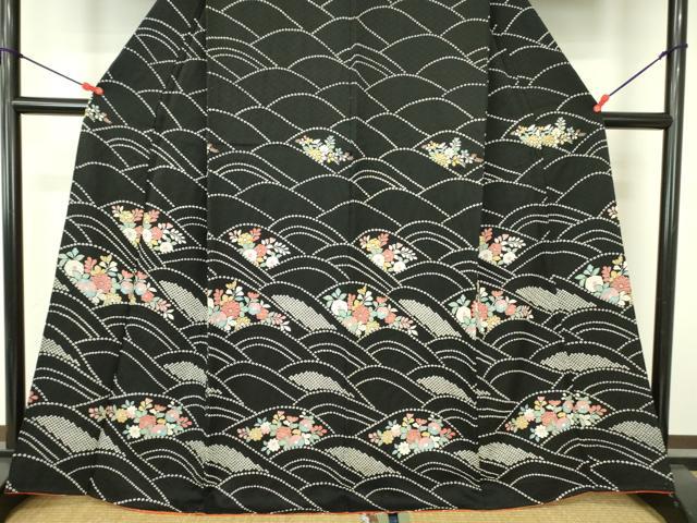平和屋着物●訪問着　絞り　流水花文　黒地　正絹　逸品　DABF3998op