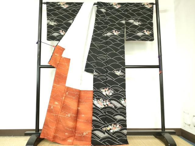平和屋着物●訪問着　絞り　流水花文　黒地　正絹　逸品　DABF3998op