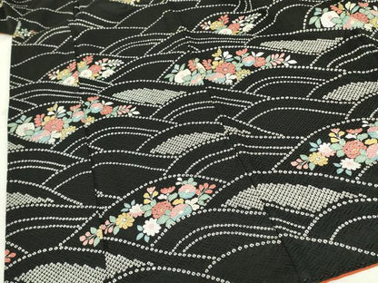 平和屋着物●訪問着　絞り　流水花文　黒地　正絹　逸品　DABF3998op