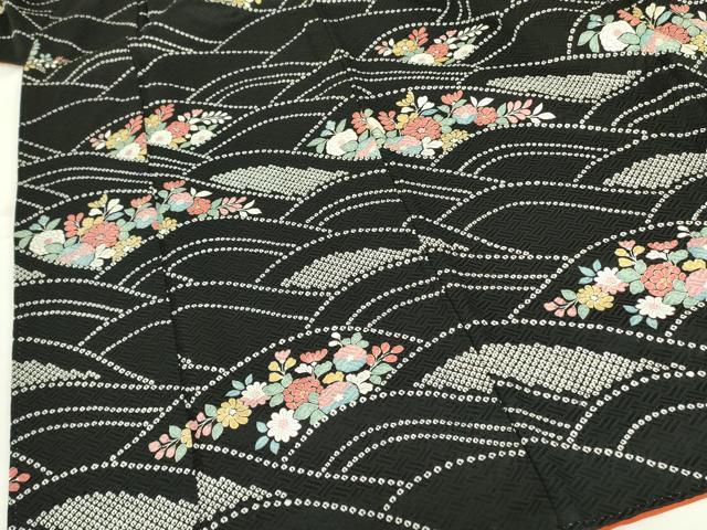 平和屋着物●訪問着　絞り　流水花文　黒地　正絹　逸品　DABF3998op