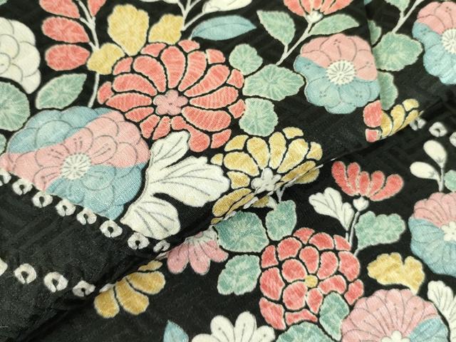 平和屋着物●訪問着　絞り　流水花文　黒地　正絹　逸品　DABF3998op