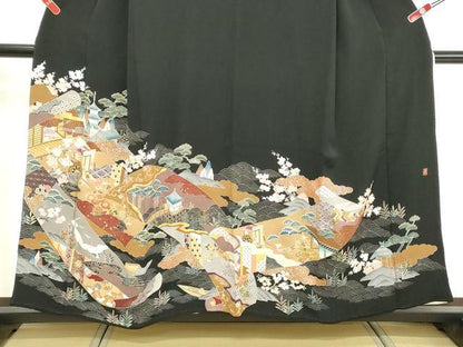 平和屋着物■豪華黒留袖　作家物　刺繍　吉祥風景文　金彩　正絹　逸品　DABF4123cd