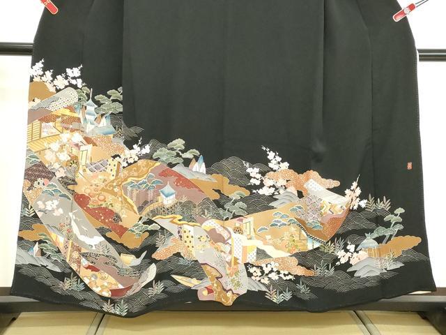 平和屋着物■豪華黒留袖　作家物　刺繍　吉祥風景文　金彩　正絹　逸品　DABF4123cd