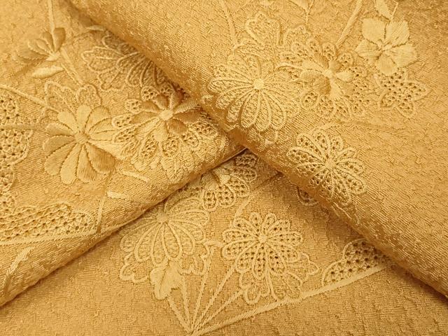 平和屋着物■中国三大刺繍　スワトウ刺繍　汕頭刺繍　総刺繍　無地絵羽訪問着　扇面花文　柑子色　正絹　逸品　未使用　DABF4191cd