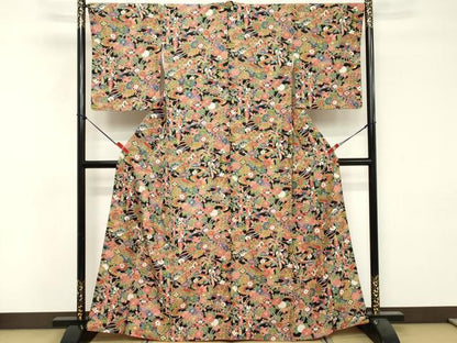 平和屋着物■上質な小紋　型染　流水草花文　黒地　正絹　逸品　DABF4196cd