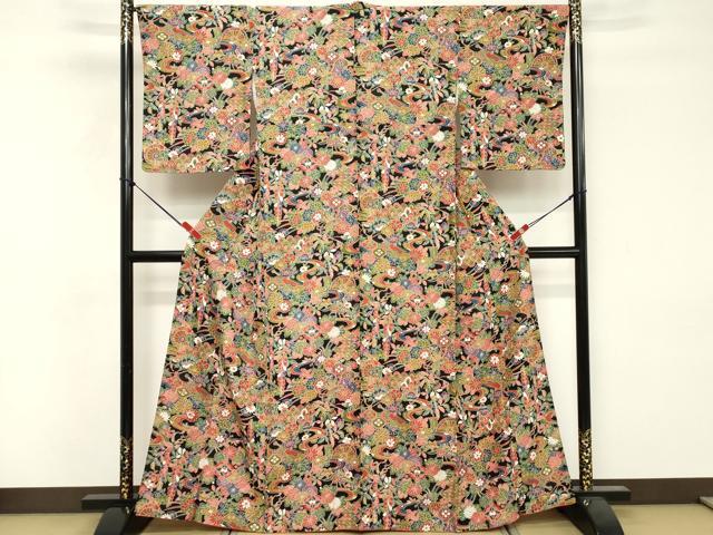 平和屋着物■上質な小紋　型染　流水草花文　黒地　正絹　逸品　DABF4196cd