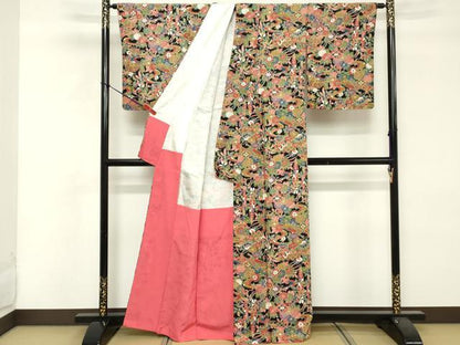 平和屋着物■上質な小紋　型染　流水草花文　黒地　正絹　逸品　DABF4196cd