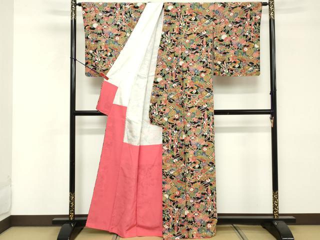 平和屋着物■上質な小紋　型染　流水草花文　黒地　正絹　逸品　DABF4196cd