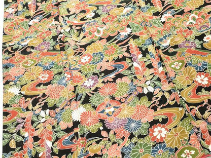 平和屋着物■上質な小紋　型染　流水草花文　黒地　正絹　逸品　DABF4196cd