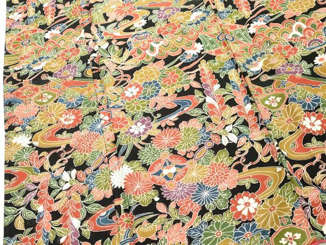 平和屋着物■上質な小紋　型染　流水草花文　黒地　正絹　逸品　DABF4196cd