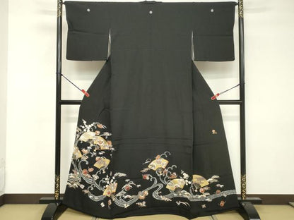 平和屋着物■豪華黒留袖 駒刺繍 流水扇面花文 宝尽くし 金彩 正絹 逸品 DABF4199cd
