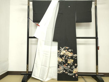 平和屋着物■豪華黒留袖 駒刺繍 流水扇面花文 宝尽くし 金彩 正絹 逸品 DABF4199cd