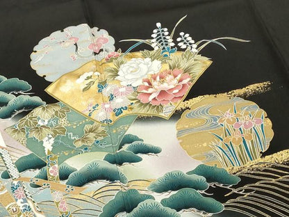 平和屋着物■豪華黒留袖 作家物 駒刺繍 地紙花文 暈し染め 金彩 正絹 逸品 DABF4245cd