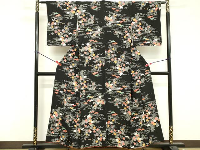 平和屋着物■上質な小紋 流水花文 黒地 正絹 逸品 DABF4247cd