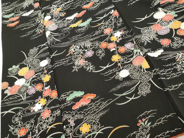 平和屋着物■上質な小紋 流水花文 黒地 正絹 逸品 DABF4247cd