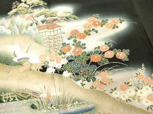 平和屋着物■豪華黒留袖　作家物　駒刺繍　飛鶴風景文　暈し染め　金彩　正絹　逸品　DABF4329cd