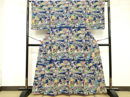平和屋着物■上質な小紋　型染め　流水花蝶文　正絹　逸品　DABF4331cd