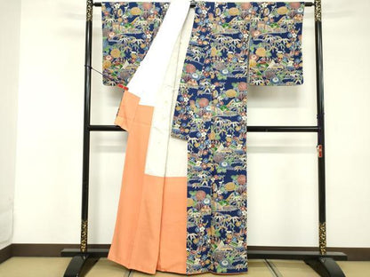 平和屋着物■上質な小紋　型染め　流水花蝶文　正絹　逸品　DABF4331cd