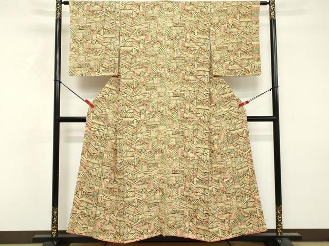 平和屋着物■上質な小紋　型染　幾何学花文　正絹　逸品　DABF4384cd
