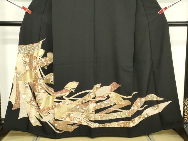 平和屋着物■豪華黒留袖 駒刺繍 扇面花文 金彩 正絹 逸品 DABF4453cd