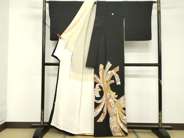 平和屋着物□豪華黒留袖 駒刺繍 束ね熨斗吉祥花蝶文 金彩