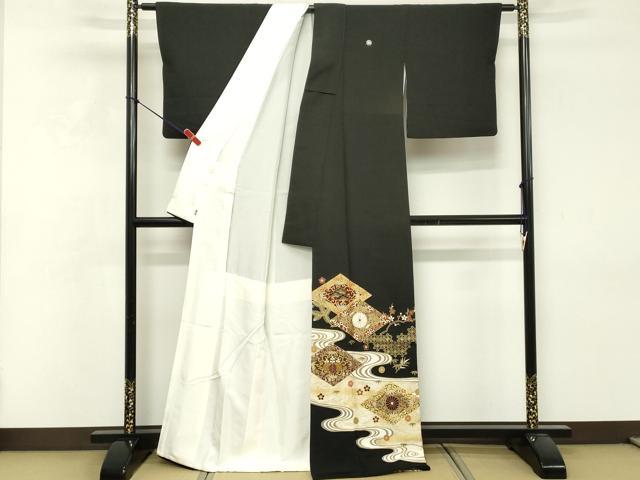 平和屋着物■豪華黒留袖 駒刺繍 流水花菱文 金彩 三越扱い 正絹 逸品 DABF4483cd