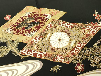 平和屋着物■豪華黒留袖 駒刺繍 流水花菱文 金彩 三越扱い 正絹 逸品 DABF4483cd