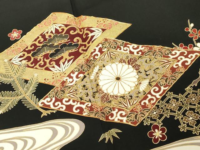 平和屋着物■豪華黒留袖 駒刺繍 流水花菱文 金彩 三越扱い 正絹 逸品 DABF4483cd