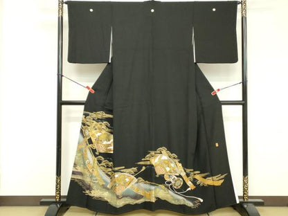 平和屋着物■豪華黒留袖 作家物 駒刺繍 扇面吉祥花文 鼓 暈し染め 金彩 正絹 逸品 DABF4501cd