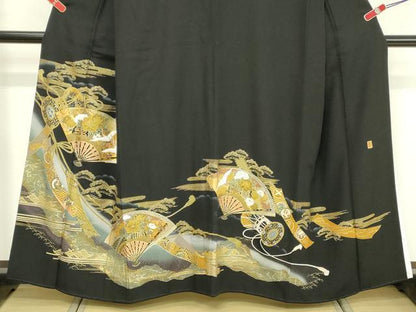 平和屋着物■豪華黒留袖 作家物 駒刺繍 扇面吉祥花文 鼓 暈し染め 金彩 正絹 逸品 DABF4501cd