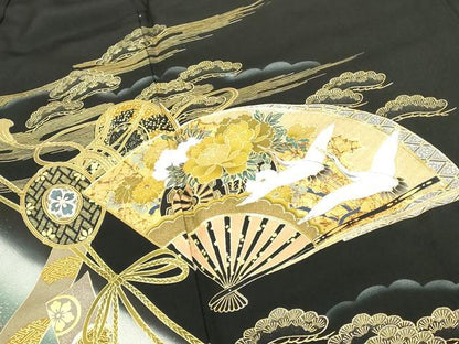 平和屋着物■豪華黒留袖 作家物 駒刺繍 扇面吉祥花文 鼓 暈し染め 金彩 正絹 逸品 DABF4501cd