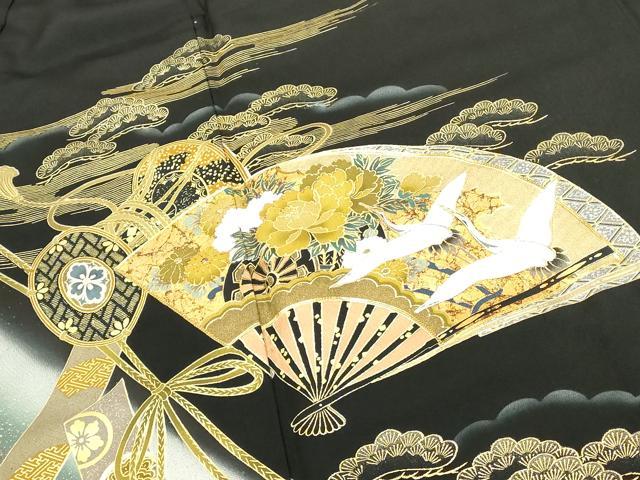 平和屋着物■豪華黒留袖 作家物 駒刺繍 扇面吉祥花文 鼓 暈し染め 金彩 正絹 逸品 DABF4501cd