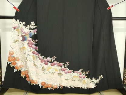 平和屋着物■豪華黒留袖　駒刺繍　尾長鳥花文　金彩　正絹　逸品　DABF4514cd
