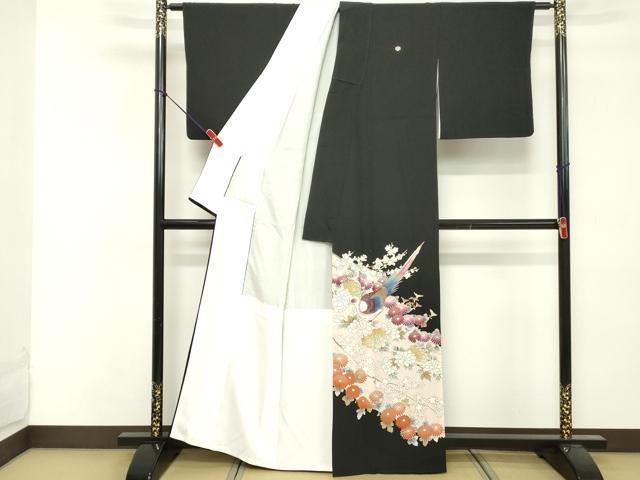 平和屋着物■豪華黒留袖　駒刺繍　尾長鳥花文　金彩　正絹　逸品　DABF4514cd