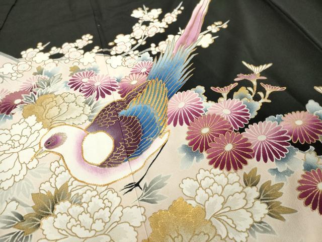 平和屋着物■豪華黒留袖　駒刺繍　尾長鳥花文　金彩　正絹　逸品　DABF4514cd
