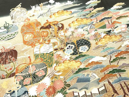 平和屋着物■豪華黒留袖　駒刺繍　貝桶花文　暈し染め　金彩　正絹　逸品　DABF4515cd