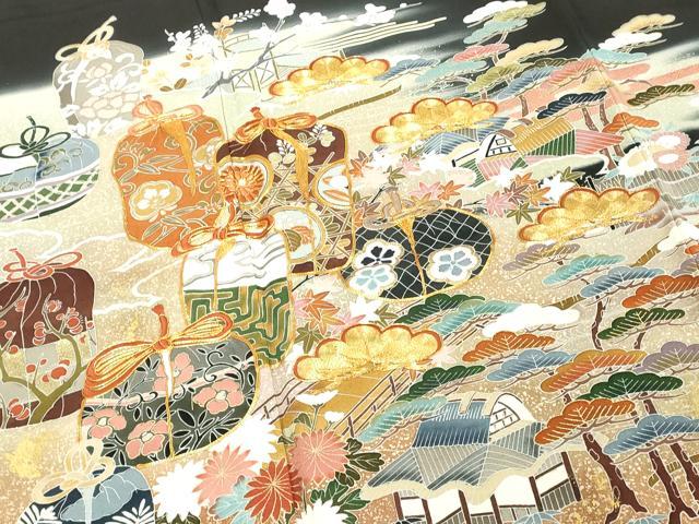 平和屋着物■豪華黒留袖　駒刺繍　貝桶花文　暈し染め　金彩　正絹　逸品　DABF4515cd