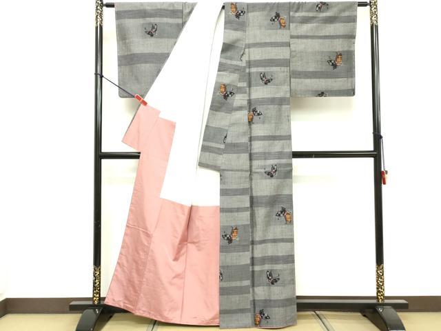 平和屋着物■上質な紬　横段舞蝶文　正絹　逸品　未使用　DABF4518cd