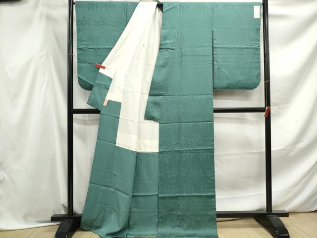 平和屋着物●上質な色無地　草花籬地紋　緑青色　正絹　逸品　未使用　DABC2962ud 平和屋着物▽上質な色無地 単衣 草花地紋 薄縹色 正絹 逸品 AABF8297jh