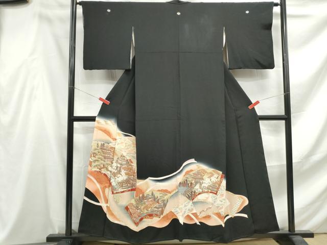 平和屋着物■豪華黒留袖　駒刺繍　地紙風景花文　暈し染め　金彩　正絹　逸品　DABF4573qa