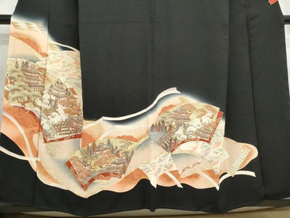 平和屋着物■豪華黒留袖　駒刺繍　地紙風景花文　暈し染め　金彩　正絹　逸品　DABF4573qa