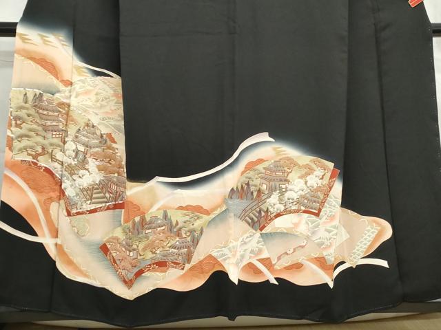 平和屋着物■豪華黒留袖　駒刺繍　地紙風景花文　暈し染め　金彩　正絹　逸品　DABF4573qa